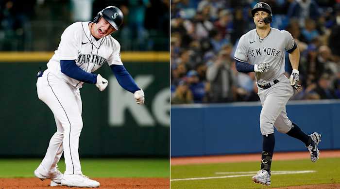 Jarred Kelenic juxtaposed with Giancarlo Stanton